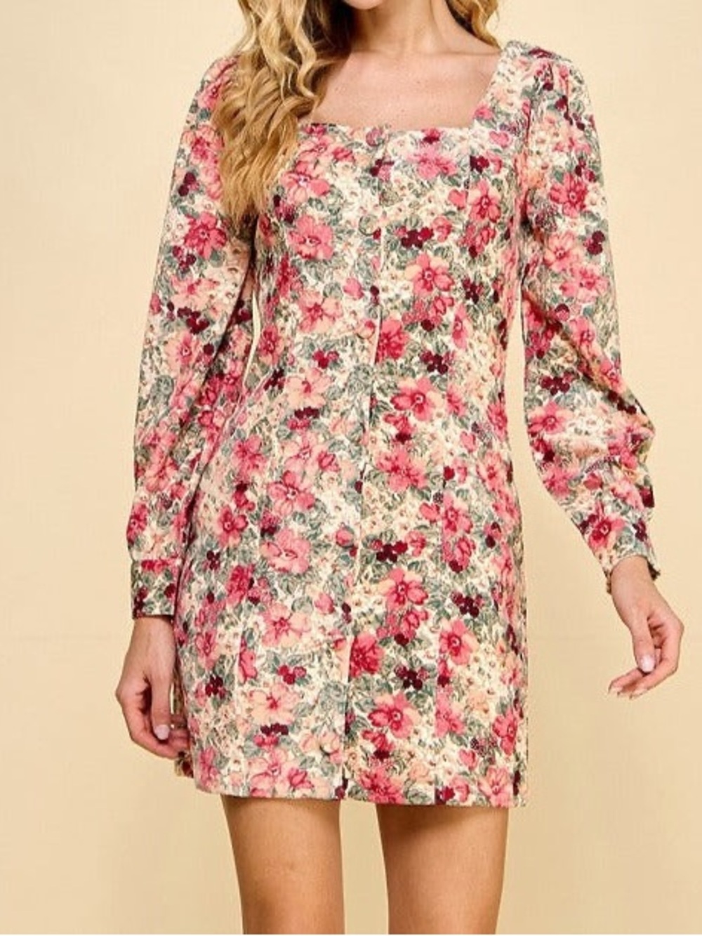 TCEC Long Sleeved Pink Floral Square-Neck Mini Dress